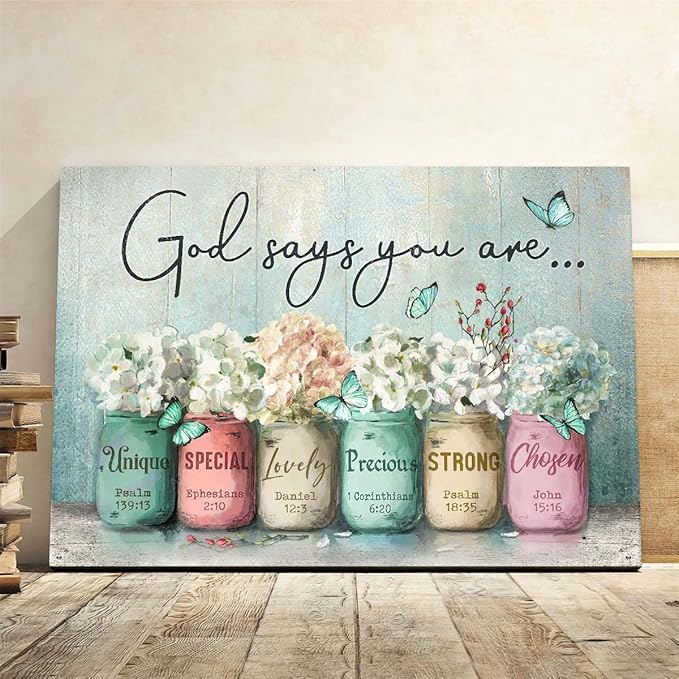 Parylore Inspirational Canvas Wall Art Encouraging Bible Verses On Cute Marson Jars and Butterflies God Says You Are Teal Background Artwork for Living Room Bedroom Bathroom Office Home Decor 12x16 In
