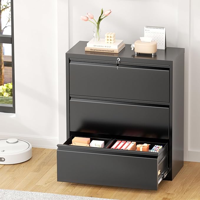 Greenvelly Lateral File Cabinet 3 Drawer, Lockable Metal Filing Cabinets for Home Office, Black Metal File Cabinet with Lock for Legal/Letter/A4/F4 Size