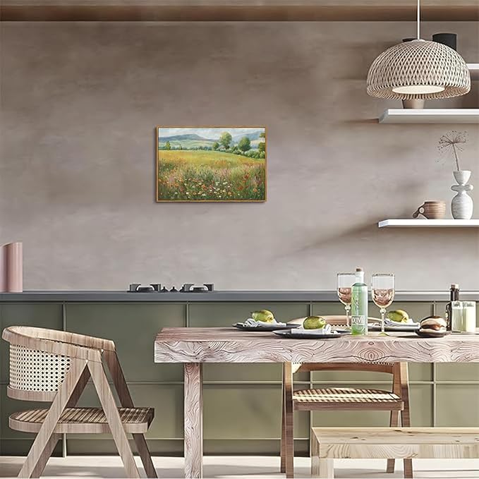 OIQArtOIQ Vintage Landscape Framed Wall Art Spring Countryside Colorful Wildflower Field Canvas Art Prints Farmhouse Cottagecore Pictures Wall Decor Rustic Meadow Paintings Artwork For Kitchen Bedroom
