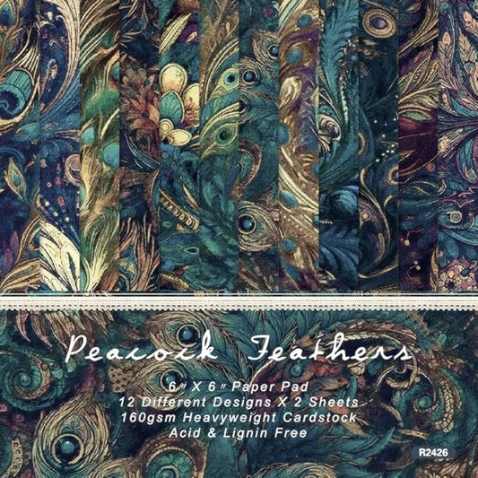 6x6 Inch Peacock Feather Themed Scrapbook Paper Pad – 24 Sheets, 12 Unique Designs, Single-Sided Premium Craft Paper for Scrapbooking, Cardmaking, and DIY Crafts