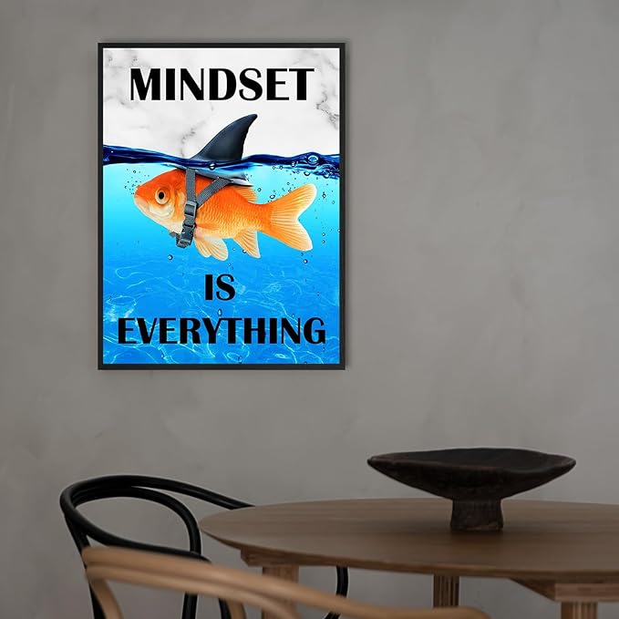 Mindset Is Everything Wall Art:Motivational Wall Decor for Office,Goldfish Prints Posters Inspirational Wall Art Framed,Uplifting Self Improvement Positive Quote Home Office Wall Art 12"x15"