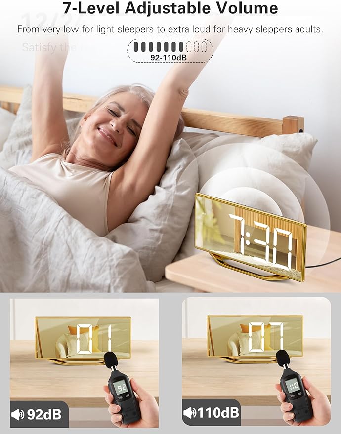 Digital Alarm Clock for Bedrooms, Slim LED Desk Clock with Gold Mirror Finish, 7 Levels Brightness, Dual USB Ports, Snooze, 12/24H, 8.7" Large Display Modern Bedside Clock for Home Office Decor