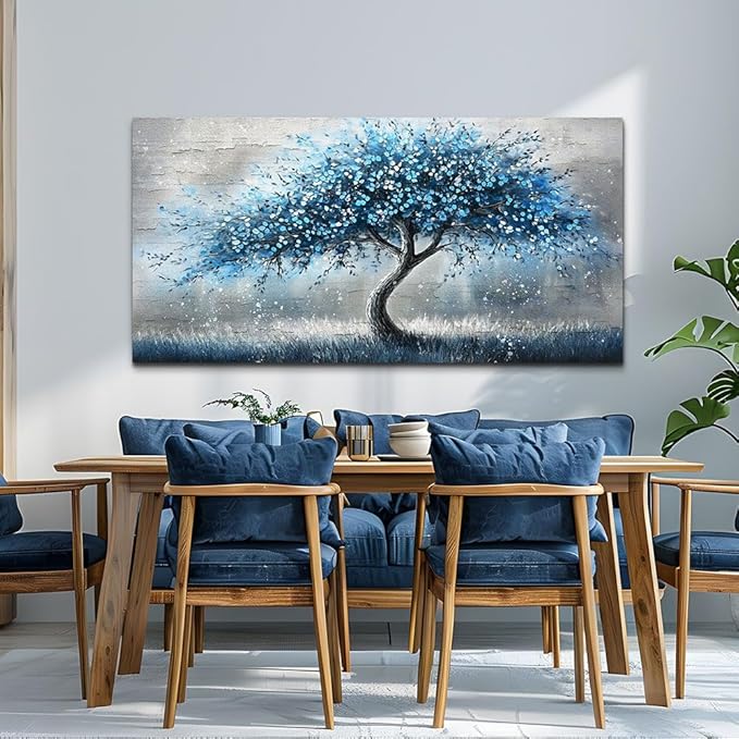 hyidecorart Large Wall Art Prints Abstract Canvas Painting Blue Tree Picture Landscape Artwork Office Decor Modern Poster Ready To Hang Framed For Living Room Bedroom Home Decorations Wall Decor