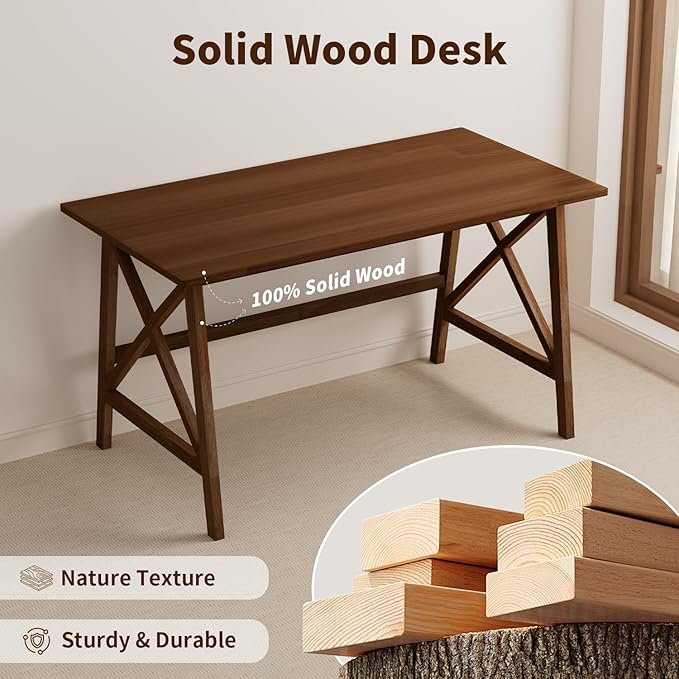 Modern Solid Wood Desk - 48" Simple Computer Table for Home Office Study Writing Workstation in Walnut, 48" W x 24" D