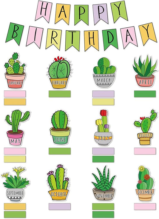 JarThenaAMCS 85Pcs Happy Birthday Bulletin Board Set Green Cactus Calendar Poster Plants Classroom Birthday Chart for Back to School Decorations