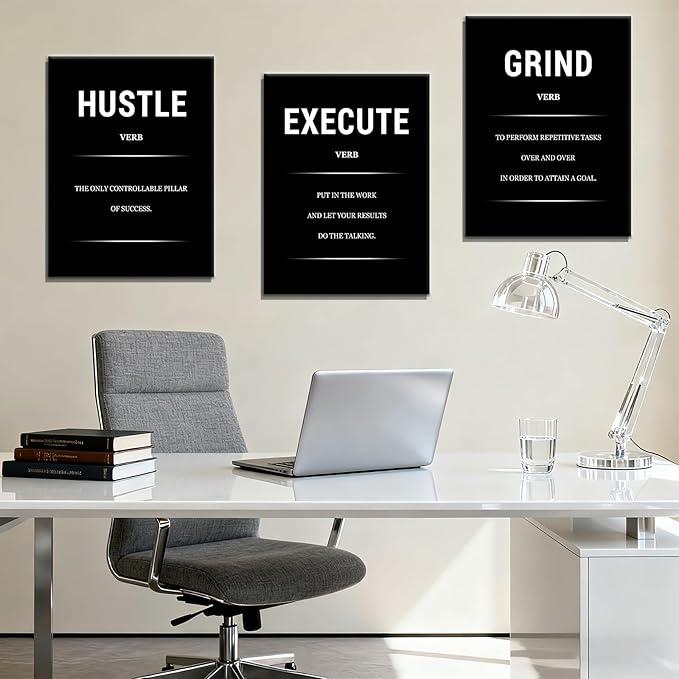 Motivational Canvas Office 3 Panel Print Wall Art Grind Hustle Success Inspirational Wall Decor Encouraging Quotes Poster Painting for Home Bedroom Gym Picture Stretched and Framed [36''W x 16''H]