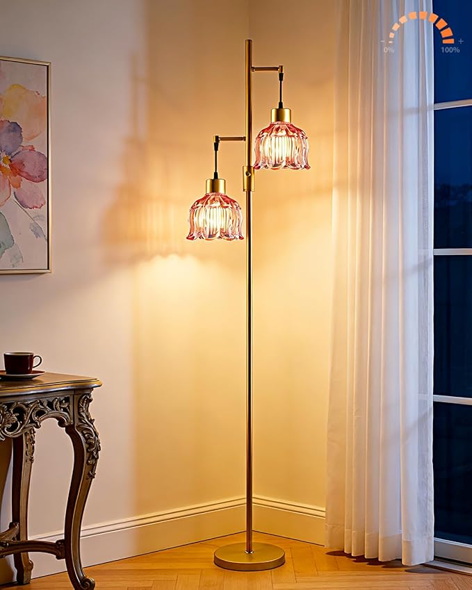 Lightdot 2-Light Gold Flower Floor Lamp, 65IN Rose Red Glass Floor Lamp with 3000K Warm White Bulbs, Modern Standing Tall Lamp for Living Room Bedroom Home Office Corner Sofa Beside