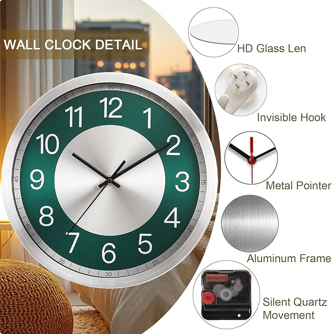 Silent Wall Clock Battery Operated, Modern Metal Wall Clock Decorative for Kitchen/Living Room/Home/Office/School, 12 Inch, Non-Ticking