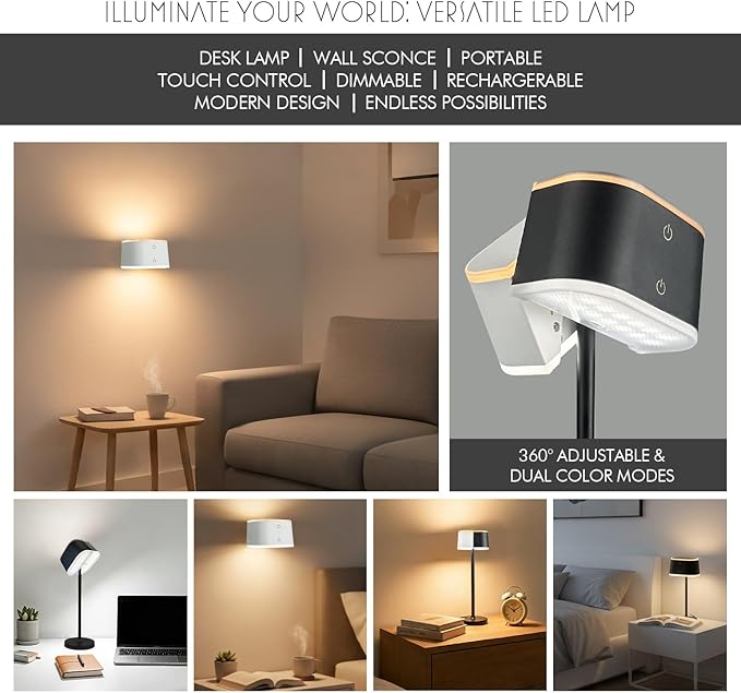 2 Pack Cordless Table Lamps, Rechargeable Touch Lamps for Nightstand & Dining Table, 3 Color Temps 3000K-6500K, Dimmable, Dual-Tone Design, USB-C Portable Bedside Lights, Set of 2, Black & White