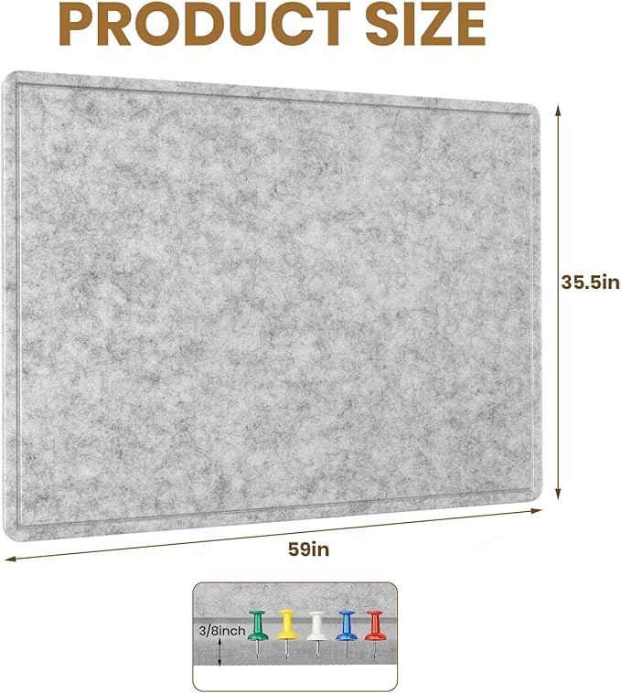 Large Bulletin Board - 60 X 36 inches Decorative Felt Pin Board - 5' x 3' Cork Board Alternative for Wall - Foldable Photo Board Self-Adhesive Vision Board Prayer Board with 30 Pushpins - Silver Gray