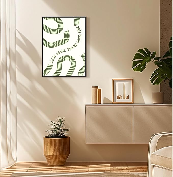 Slow Down You’re Doing Fine Wall Art Retro Minimalist Motivational Quote Music Poster Inspirational Midcentury Song Lyrics Sage Green Canvas Prints for Bedroom Home Decor 24x36inch Aluminum Framed