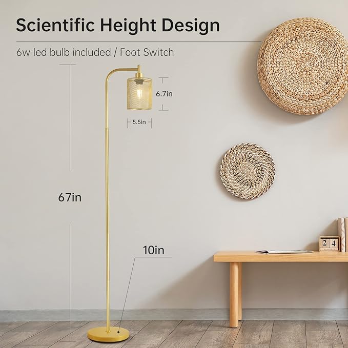 BoostArea Industrial Gold Floor Lamp, 67 Inch LED Standing Lamp with Iron Mesh Lampshade, 6W Brass Stand Up Lamp for Living Room, Bedroom, Office, Den