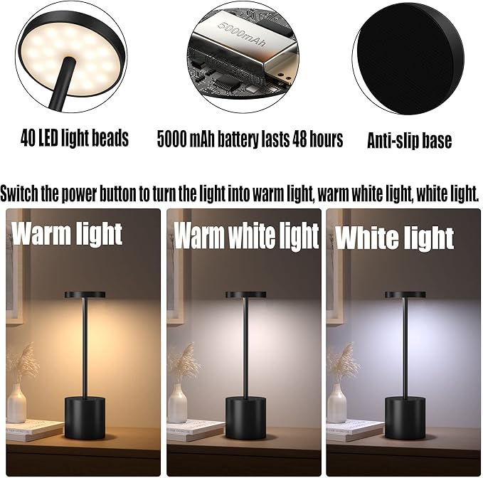 2Pack Cordless Table Lamp, Rechargeable LED Battery 5000mAh Metal USB Portable Powered Desk Lamp, 3 Levels Brightness Light for Restaurants Outdoor (2pack 10.25in Titanium)