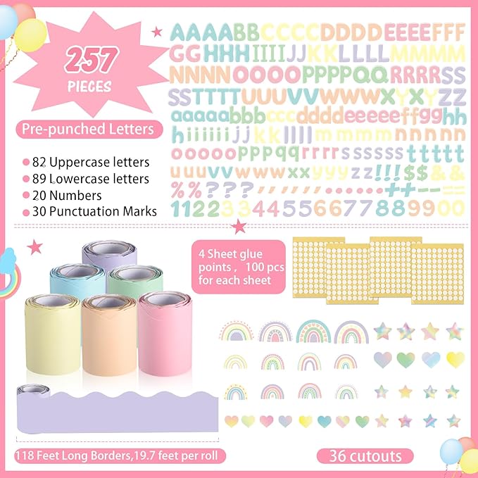 Kosiz Pastel Bulletin Board Decoration Set 118 ft Scalloped Bulletin Board Borders Classroom Poster Border Trim with 257 Pcs Letter Number Symbol Cutout for School Decor