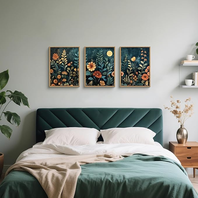 Vintage Botanical Framed Canvas Wall Art Set, Dark Floral Wall Decor, Nature Wildflower Wall Painting, Colorful Blossom Art Prints for Living Room, Bedroom, Office - 12"X16"X3