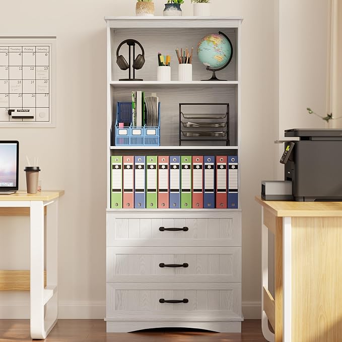 Gizoon 70'' Tall Bookcase with 3 Drawers Wooden Bookshelf with Storage Cabinet Multifunctional Book Storage Organizer for Office Living Room and Bedroom，White