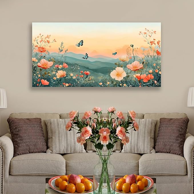 Canvas Wall Art for Living Room Decor Mountain Landscape with Butterflies and Flowers Picture Prints Bedroom Office Wall Decor Framed Art 20 x 40 inches Ready to Hang