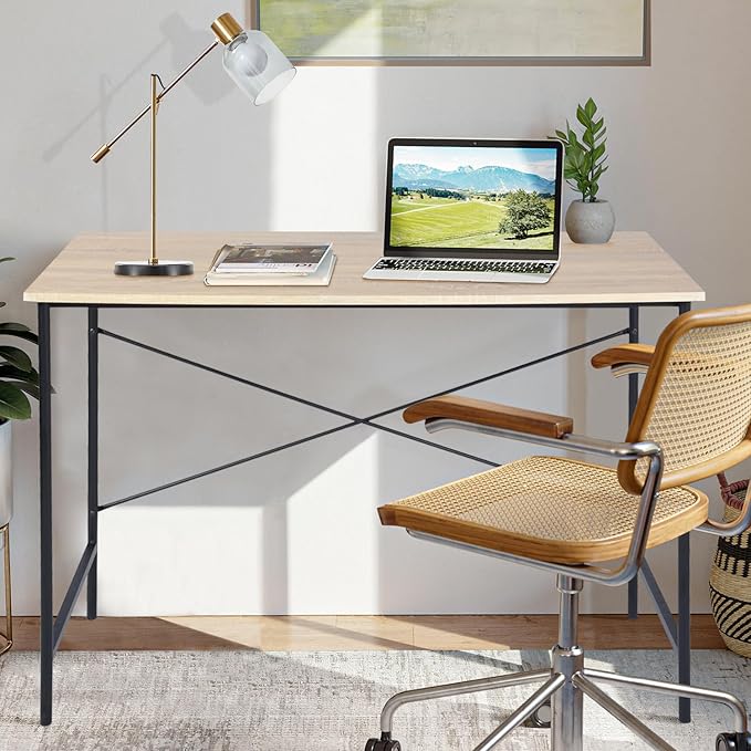 FurnitureR 47.2" Home Office Writing Desk - Simple Computer Desk with Sturdy Metal Legs, Compact Study Table for Small Spaces, Student Laptop Workstation, Oak