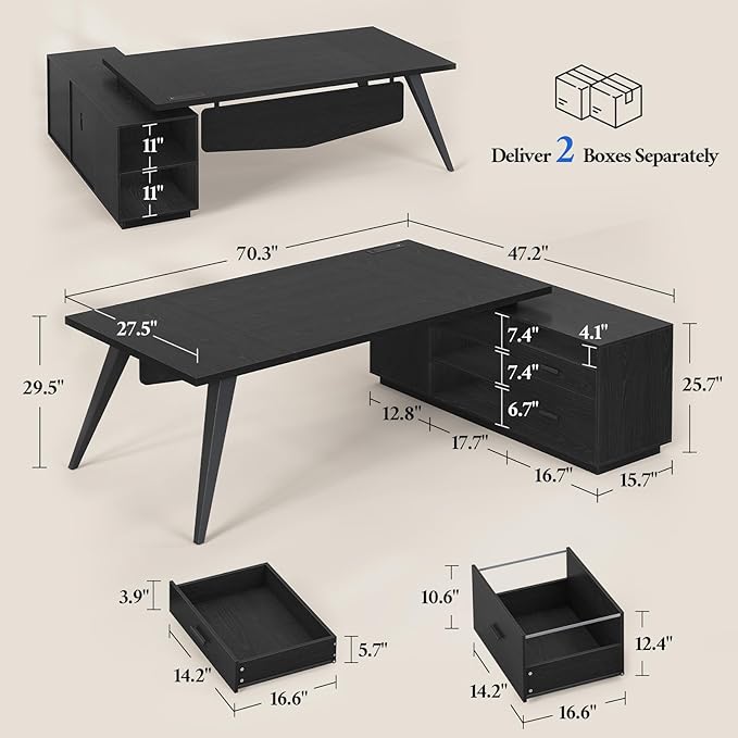 70.3 inch L Shaped Executive Desk with Power Outlets, Large Home Office Desk with Storage Drawers and File Cabinet, Modern Computer Desk with Shelves, Black Business Furniture, Square Tapered Legs