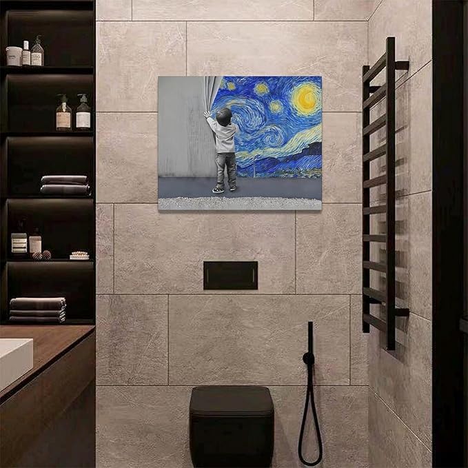 Banksy Wall Art Boys Starry Night Street Graffiti Pictures Wall Decor Kids Canvas Painting Pop Home Modern Artwork Decorations Framed for Living Room Bedroom Bathroom Office 20 x 16 inch
