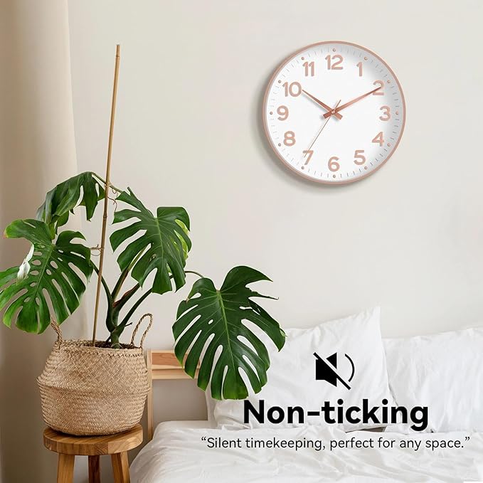 Wall Clock 12 Inch Silent Wall Clocks Battery Operated- Modern Non Ticking Analog Clock Decorative for Living Room Bedroom Office Kitchen(White Rose Gold)