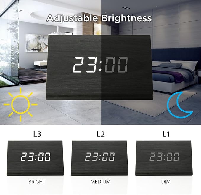 OCT17 Wooden Wood Clock, New Version LED Alarm Digital Desk Clock Adjustable Brightness, Alarm Time, Displays Time Date Temperature - Black