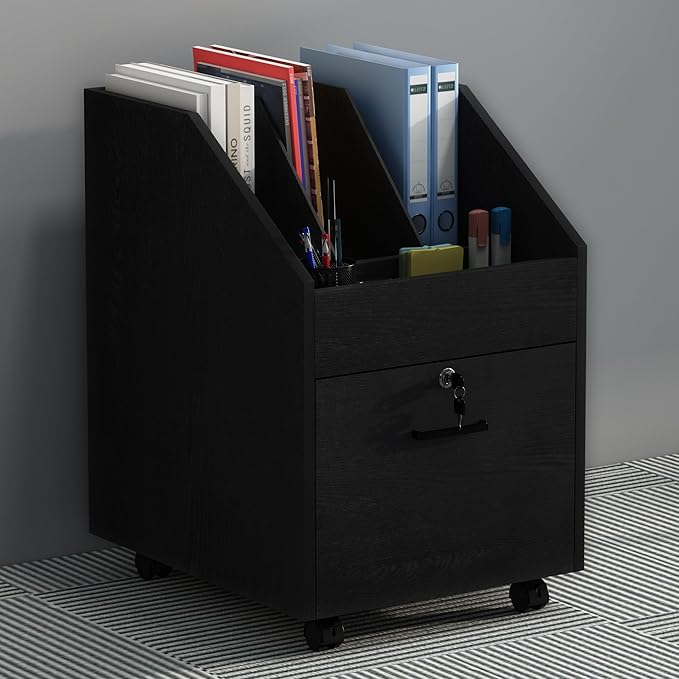 Mobile File Cabinet with Lock,Under Desk Rolling File Cabinets for Home Office,Wood Filing Cabinet (Black)