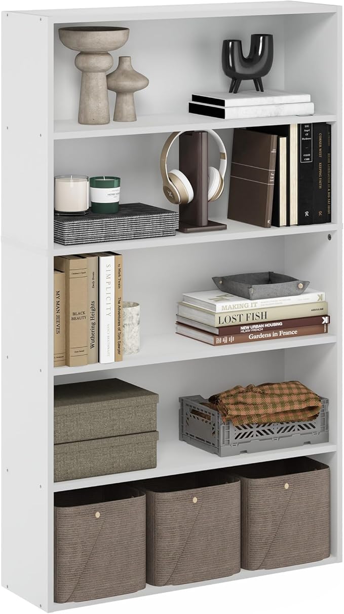 Furinno PASIR Book Shelf, 5-Tier Bookshelf, Bookcase with Open Shelf, 9.4 x 31.5 x 52.7, for Living Room, Bedroom, Home Office, White