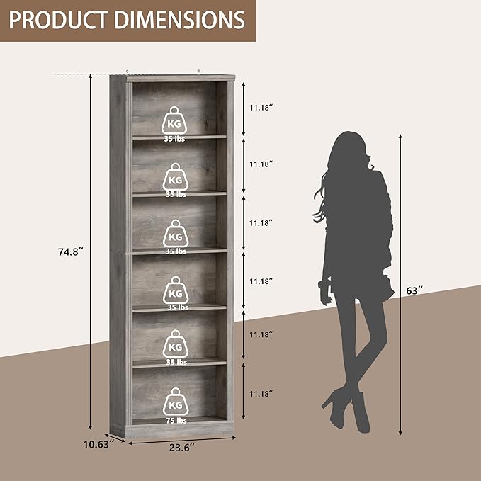 Tall Bookshelf, 6-Tier Bookcase with 2 Adjustable Shelves, Modern Farmhouse Storage for Living Room, Entryway, Office, 23.6" W x 74.8" H x 10.6" D, Grey