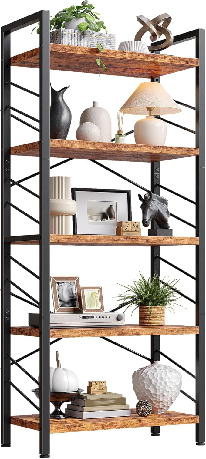 Book Shelf, Industrial 5 Tier Tall Bookshelf, Modern Display Storage Shelves with Metal Frame and Sidebars, Bookcase for Bedroom, Living Room and Home Office, Rustic Brown