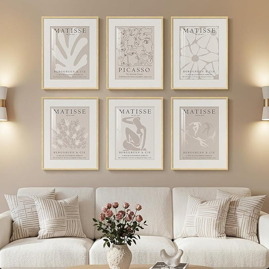 Framed Neutral Abstract Wall Art, 6 Piece Modern Matisse Prints Artwork for Walls, Minimalist Beige Matisse Pictures for Living Room, Bedroom, Dining Room, Lounge, Bathroom Wall Decor 11x14 In