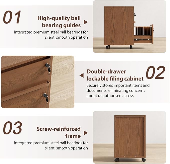 KungFuWood Wheeled Double-Drawer Filing Cabinet, Lockable Metal Filing Cabinet, Suitable for Home Offices or Storage cupboards for Storing Legal documents or Letter-Sized Files.