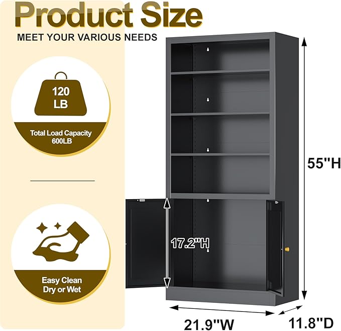 55" Metal Bookshelf with Doors, Freestanding Storage Rack with Cabinet Doors,Heavy Duty Steel Shelving for Pantry, Kitchen, Closet, Garage,Home Office (Black)