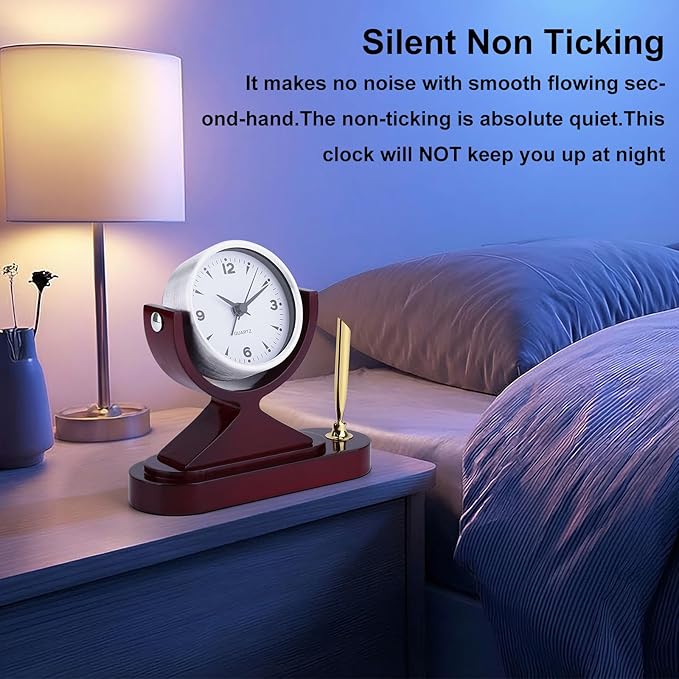 Wooden Desk Alarm Clock Battery Operated, Silent Non-Ticking, Adjustable Angle & Pencil Holder | Office, Shelf, Table Decor | Gift for Students, Teachers, Professionals (Home, Desk, Work)