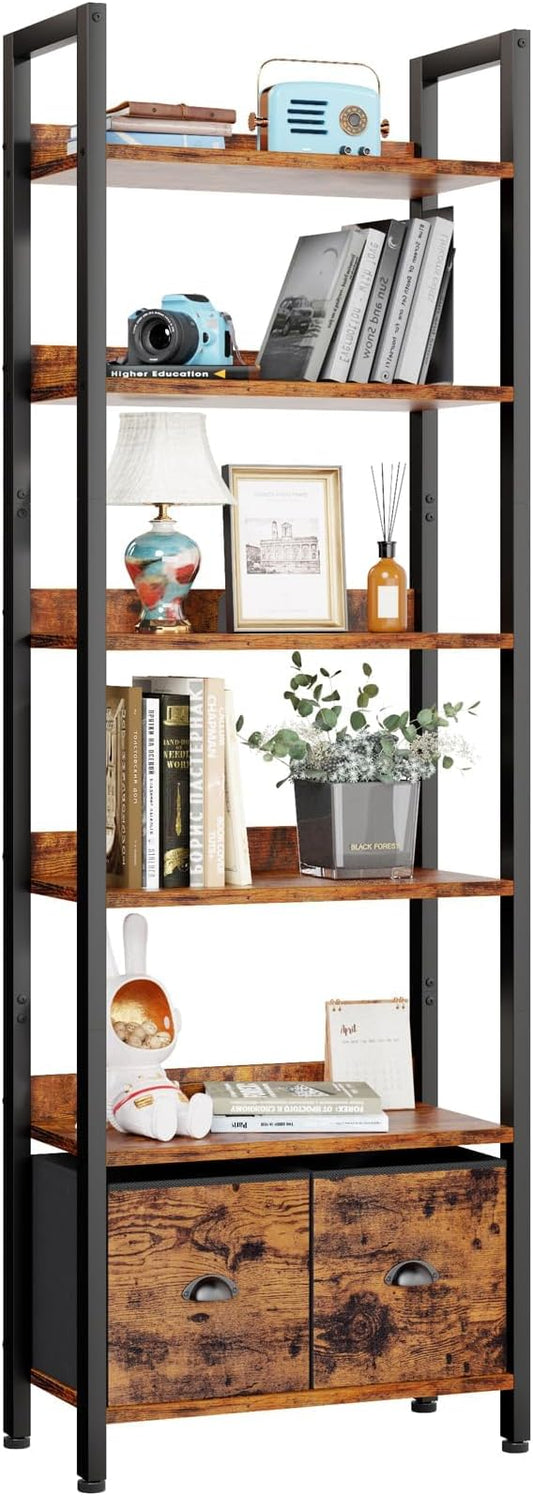 Furologee 6-Tier Bookshelf, Tall 71" Rustic Bookcase with 2 Drawers Storage Organizer, Industrial Display Free Standing Shelf Units, Wood and Metal Storage Rack for Home Office, Bedroom, Rustic Brown | Bookcase, 2 Drawers, Storage Organizer, Industrial...