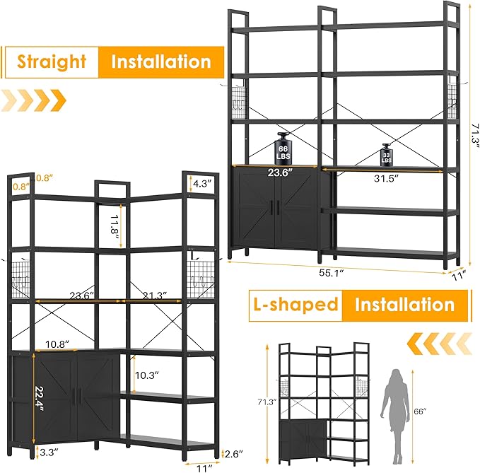 Semoic 6-tire Farmhouse Black Corner Book Shelf with 2 Barn Doors and 10 Storage Shelves, 71.3" Tall Convertible Etagere Bookcase with Storage Cabinet, Large L Shaped Bookshelf for Living Room(Black)