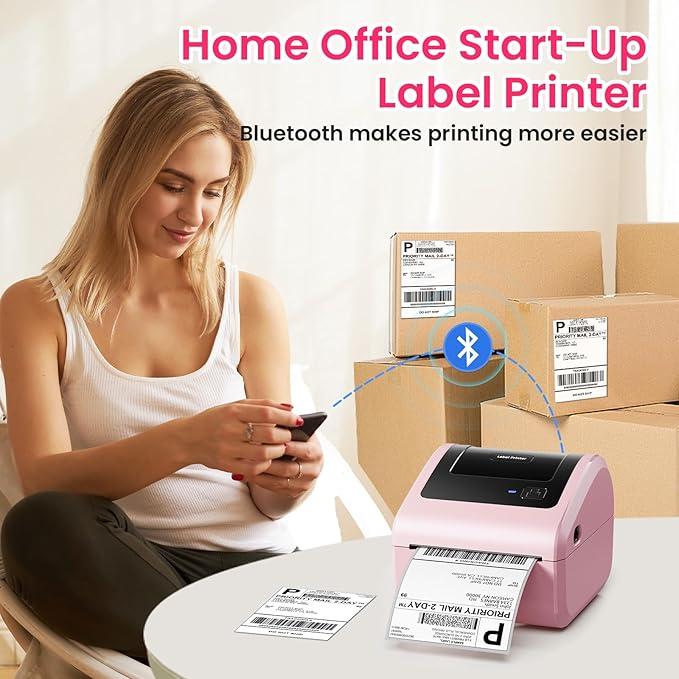 D450BT Shipping Label Printer Pink&Label Holder with Adhesive Backing,Bluetooth Thermal Label Printer 4x6for Small Business, Shipping Packages, Office, Home, Compatible with Ebay, USPS, Shopify, Amazo