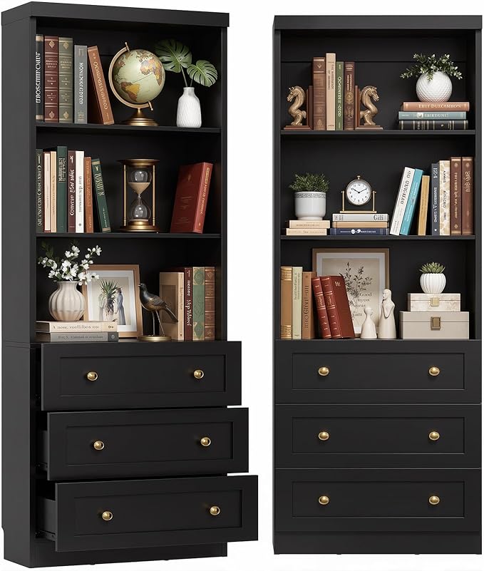 Cyclysio 80" Bookshelf with 3 Drawers, Tall Bookcase with Thickened Top Panel and 3-Tier Open Shelves, Tall Storage Cabinet for Home Office, Living Room, Black