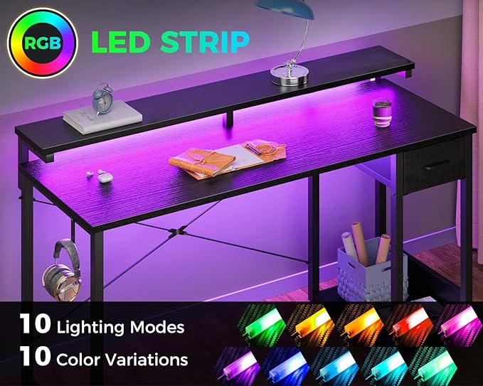 AODK Gaming Desk with LED Lights, 55 Inch Computer Desk with Drawers, Reversible Small Desk with Monitor Stand & Headphone Hook for Home Office, Black