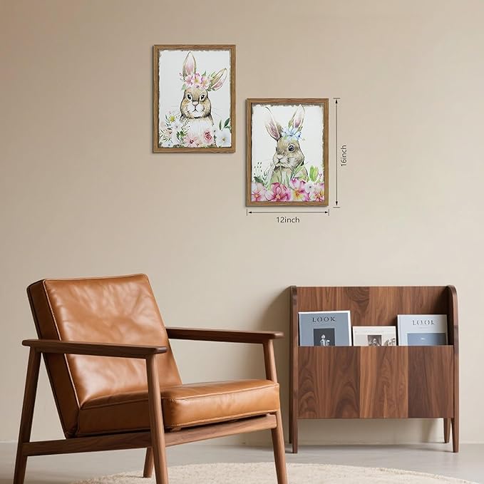 Framed Vintage Easter Wall Art Decor, Easter Bunny Picture Wall Decorations Set of 2, Spring Rustic Rabbit Poster Prints Painting for Kids Room Living Room Bedroom 12x16 Inch