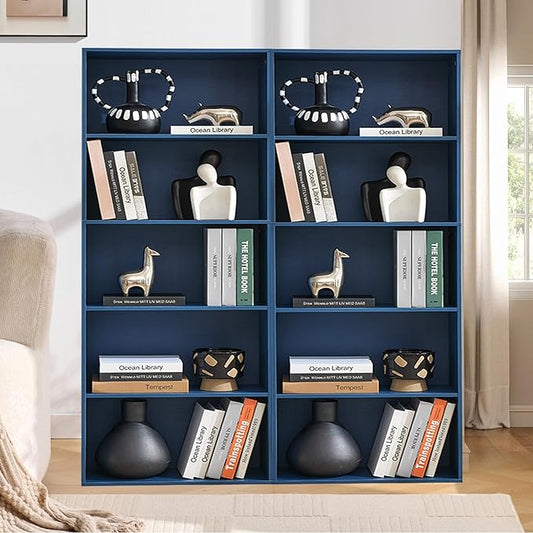 Tall Bookshelves with Cabinet, Office Storage Cabinets and Bookshelf, 5-Tier Wooden Bookcase with Storage, Floor Standing Display Cabinet Shelves for Living Room, Home Office, Blue