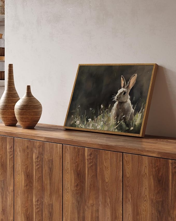 ARPEOTCY Vintage Framed Canvas Wall Art, Cute Bunny Wall Art for Living Room Bedroom, Rustic Moody Rabbit Spring Painting Pictures Home Decor for Easter Decoration (12x16 Inch)