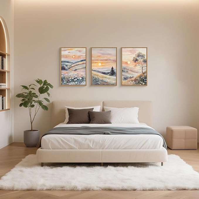 Ausril Pink Boho Sunset Framed Canvas Wall Art Set, Watercolor Sunrise Wildflower Wall Decor, Pink Nature Wall Painting, Botanical Flower Art Print for Living Room, Bedroom, Office, Hallway 16"X24"X3