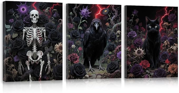 CHIDTB Halloween Gothic Wall Art(Set of 3, 12"x16"), Spooky Crow Skeleton Black Cat Framed Canvas Artwork Painting, Horror Dark Academia Flowers Roses Wall Decor Hanging for Home Gallery Bedroom