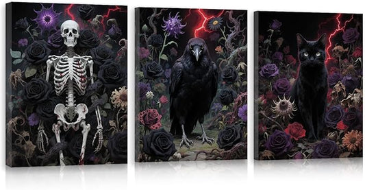 CHIDTB Halloween Gothic Wall Art(Set of 3, 12"x16"), Spooky Crow Skeleton Black Cat Framed Canvas Artwork Painting, Horror Dark Academia Flowers Roses Wall Decor Hanging for Home Gallery Bedroom