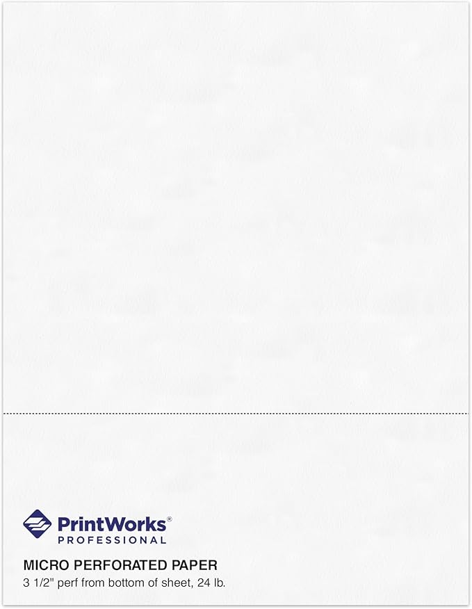 PrintWorks Professional 3 1/2" Horizontal Perforated Paper 8.5” x 11” - Perfect For W-2, 1099, & Statement Use - Made in the USA - 2500 Sheets - 24 lb - Printer Compatible - White (04130C)
