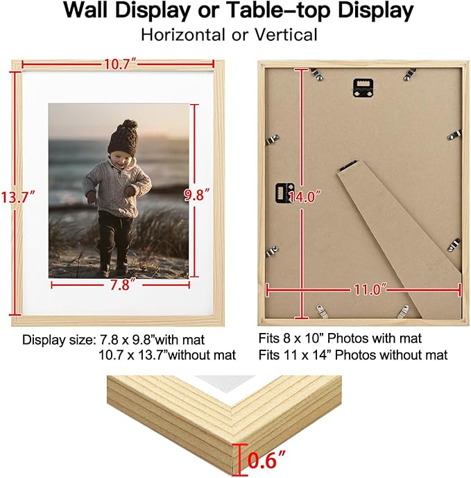 KINLINK 11x14 Picture Frame Set of 6, Wooden 14x11 Photo Frames with Plexiglass for 8x10 Picture with Mat or 11x14 Without Mat, Collage for Wall Gallery and Tabletop Display, 11 x 14 Frame Wood Grain