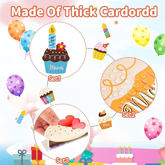 Leinuosen 45 Pieces Happy Birthday Bulletin Board Set Birthday Bulletin Board Decorations Classroom Chart Calendar Balloon Candle Cupcake Cutouts for Calendar Classrooms(Colorful)