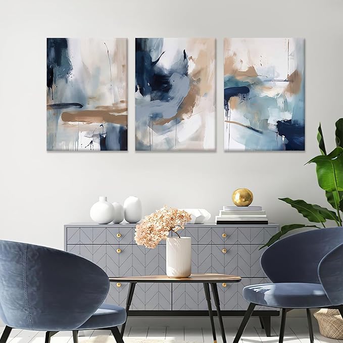 KBKBART 3 Piece Blue Abstract Framed Wall Art For Living Room, Watercolor Ink Navy Blue Canvas Wall Art Modern Minimalist Art Prints Wall Décor For Bedroom Office 12x16in