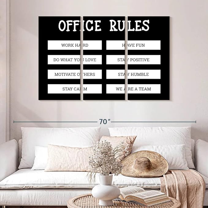 Elephant Stock - Office Rules Wall Art - Horizontal Multi Panel Canvas - 3 Piece Home Office Wall Decor - Digital Art Motivational Typography Multi Piece Wall Art - Black And White Decor by Cad Designs - 50" x 32"